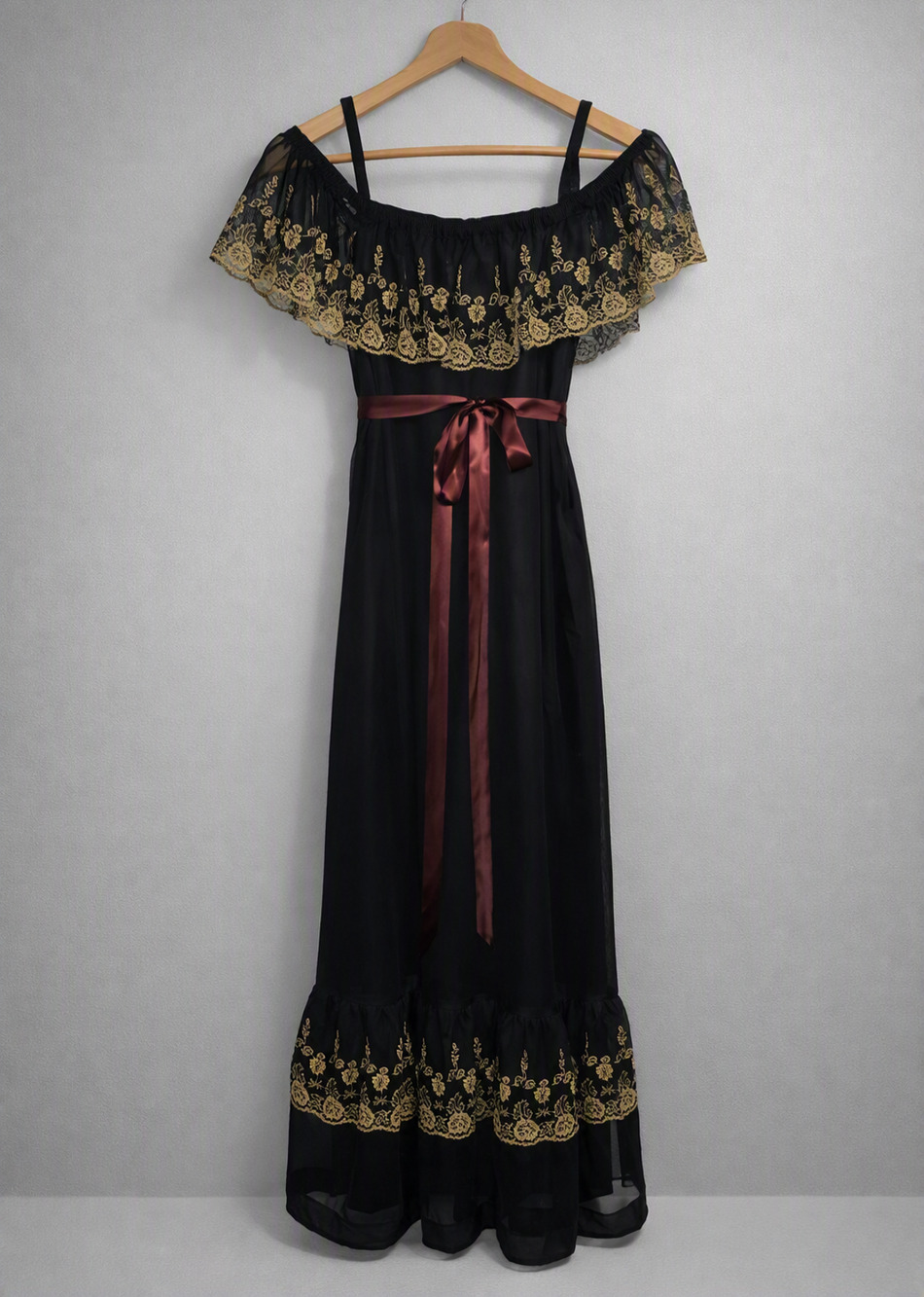 Vtg 1970s Black Sheer Gold Embroidery Off Shoulder Ruffle Boho Goth Long Dress 7